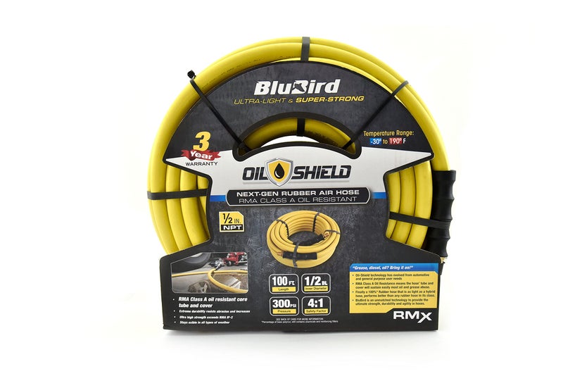 BluBird خرطوم هواء مطاطي من فئة A OS12100 1/2" x 100' ، من 50F إلى 200F ، ضغط انفجار 1200PSI ، مقاوم للشحوم والزيوت ، يعيق شرارات النار ، تجهيزات نحاسية ، مقيد انحناء بأربعة أصابع - Image 1